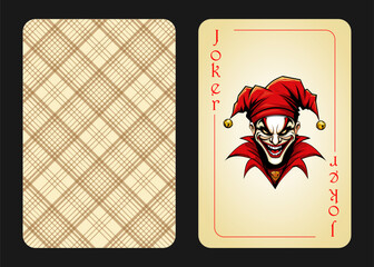 Playing card joker with the image of a jolly jester in a red jesters cap. Red joker, vintage style playing card. Vector illustration