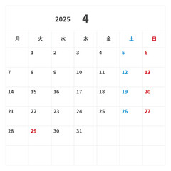 2025年(令和7年) シンプルな祝日カレンダー 4月, 正方形, ベクター, テンプレート, 月曜始まり