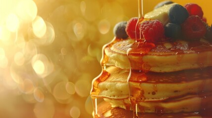 towering stack of fluffy pancakes topped with butter, fresh berries, and maple syrup slowly dripping down the sides. The background is a soft, neutral blur, drawing focus to the syrup's movement.