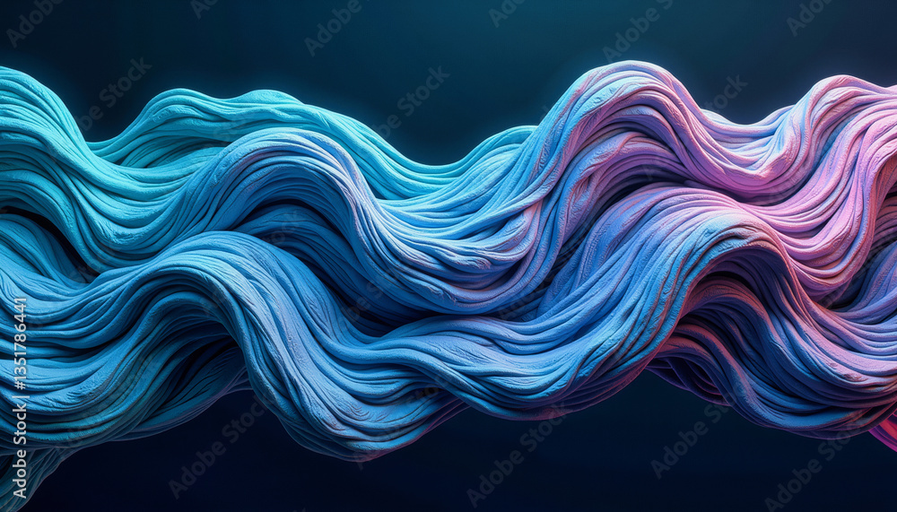 Poster fluid ribbons of turquoise and magenta intertwine to create a dynamic, flowing form against a dark b