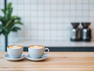 Two coffee cups on a table inviting a relaxing break during a busy workday for creative professionals and teams