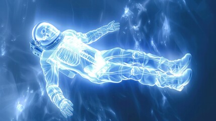 X-ray style, astronaut floating in space, transparent suit revealing skeletal frame, glowing cosmic background, AI-generated, sci-fi surrealism