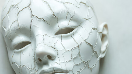 an ultra-detailed close-up of a porcelain mask delicately cracking, refined and minimalistic, smooth matte finish