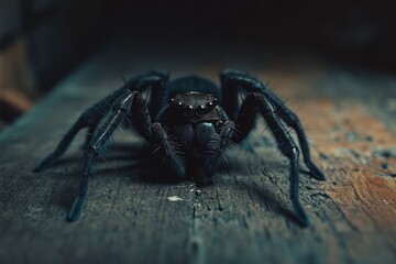 Large black spider on wood, dark background, close-up.  Nature photography, wildlife, insect