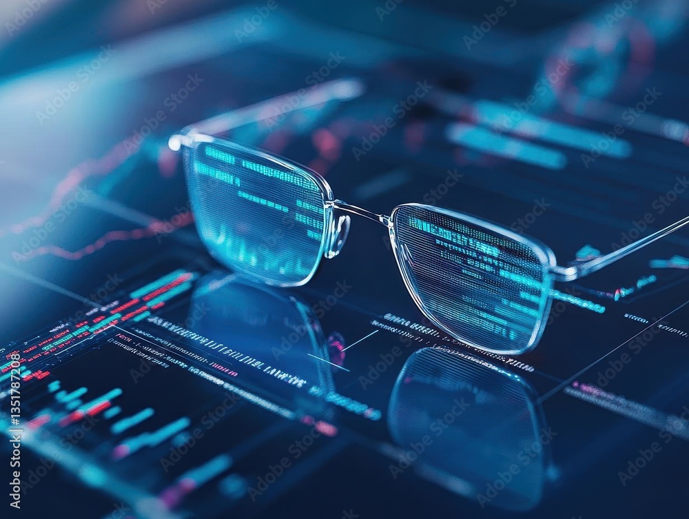 Aufkleber Close-up view of elegant eyeglasses resting on a computer screen displaying financial data and graphs
