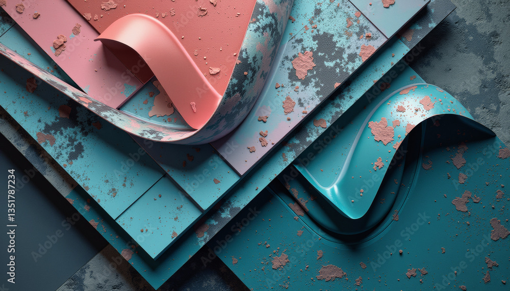 Poster abstract geometric forms in teal and rose hues create a layered, weathered composition with a distre
