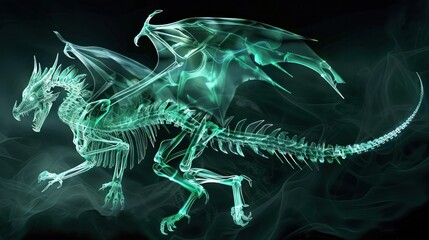 X-ray style, glowing skeletal dragon, transparent wings, mystical aura, AI-generated, fantasy concept art, eerie yet majestic presence