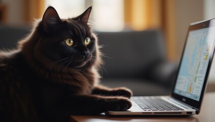 Black Cat Sitting in Front of Laptop with Focused Expression