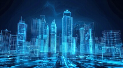 X-ray style, neon-lit futuristic city, transparent skyscrapers revealing internal structures, glowing grid patterns, AI-generated, cyberpunk aesthetics