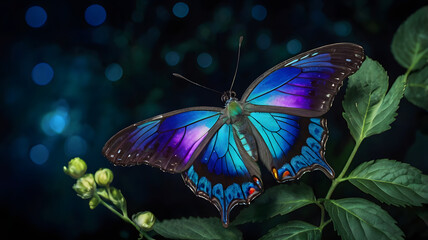 A stunning iridescent butterfly with wings that shimmer in shades of blue, green, and purple, hovering above a glowing flower under the moonlight.
