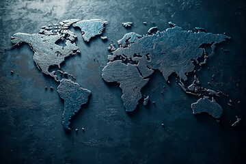 A textured metallic world map with continents outlined against a dark blue background surface