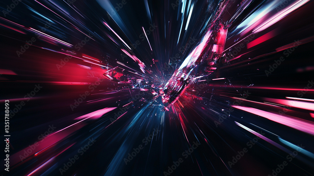 Poster abstract explosion of red and blue light beams with a shattered crystal structure in the center