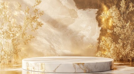 Empty marble podium, golden foliage, soft lighting.  Suitable for product display