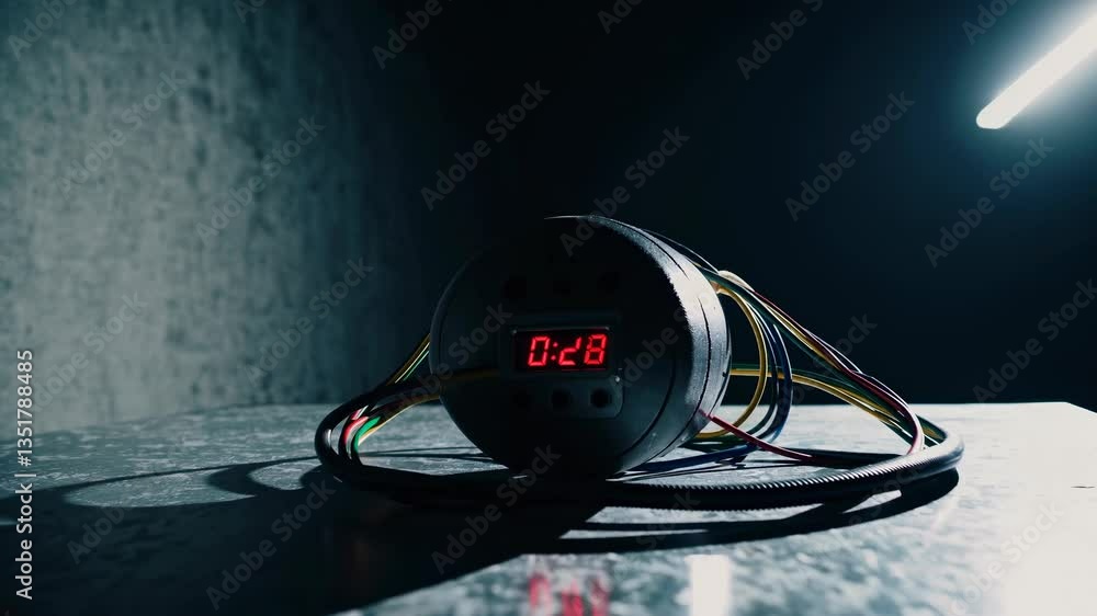 Poster a suspenseful video scene with a low-angle shot of a digital timer device on a dimly lit table, cast