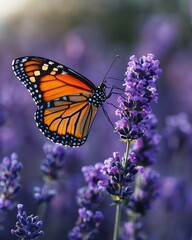 Obraz premium Monarch Butterfly on Lavender: A Symphony of Nature's Beauty