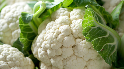 A white cauliflower is sitting on a leafy green stem. The cauliflower is the main focus of the image, and the leafy green stem serves as a contrasting background
