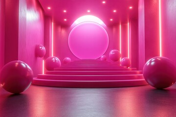 Surreal 3D Pink Circular Stage with Floating Spheres Modern Abstract Art