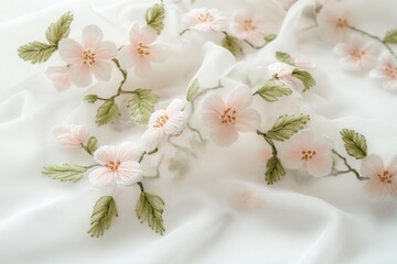 Delicate pink flowers embroidered on sheer white fabric, creating a soft and elegant textile.