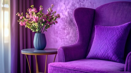Vibrant purple interior with a cozy armchair, chic throw pillow, a small side table, and a monochromatic purple wall creating a bold yet elegant look, medium close-up. 