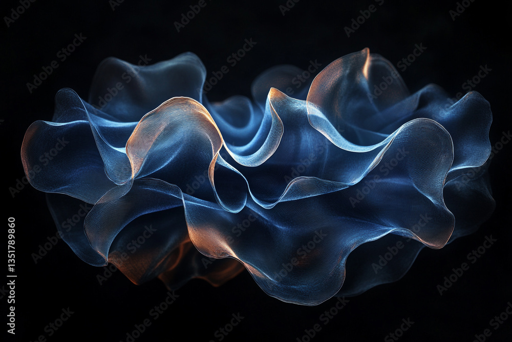 Poster abstract blue and orange flowing lines against a dark background creating a wavy pattern design