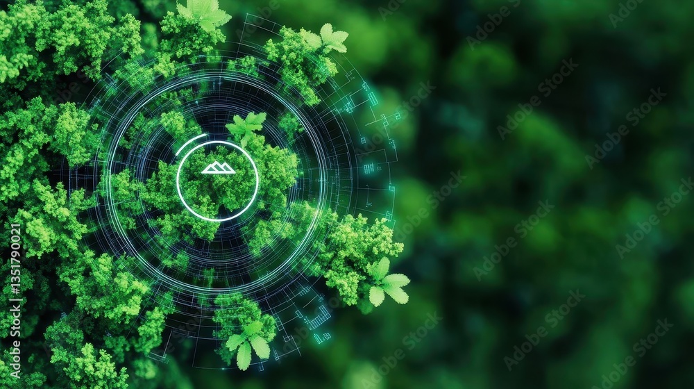 Poster A forest scene with a central circle depicting advanced ai systems analyzing environmental patterns and data