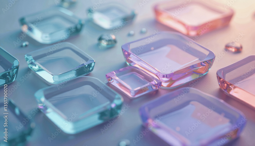 Poster iridescent, geometric crystal blocks arranged on a reflective surface create a futuristic and abstra