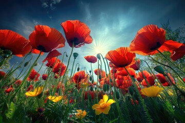 Obraz premium Vibrant red poppies bloom under a bright sun in a lush green field, creating a breathtaking scene.