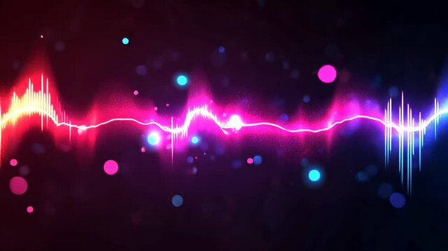 Abstract multicolored pulsating waveform with bokeh particles motion background