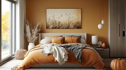 Warm and inviting fall bedroom seasonal artwork on the wall golden and rust-colored bedding natural decor of pumpkins and twigs soft light enhances coziness.  