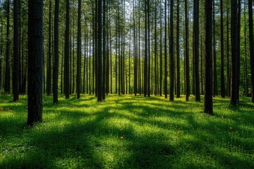 Sunlit forest floor carpeted with vibrant green grass and scattered orange wildflowers, tall dark trees stand in rows.