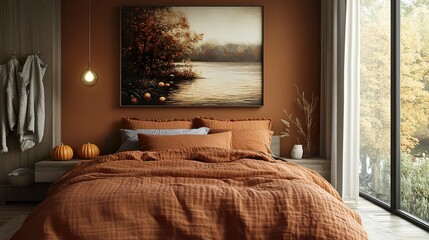 Warm and inviting fall bedroom seasonal artwork on the wall golden and rust-colored bedding natural decor of pumpkins and twigs soft light enhances coziness.  