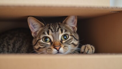 Curious Tabby Cat Peeking Out from Cardboard Box with Wide Eyes