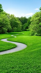 Surreal Dreamscapes with Clear Pathways, A winding pathway through lush green trees and grass., Dream Clarity Determination