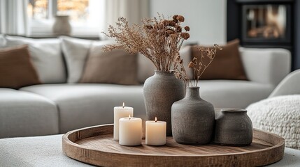 Warm and inviting living room neutral gray and brown tones wooden tray centerpiece with dried flowers candlelight adding a cozy touch modern simplicity. 