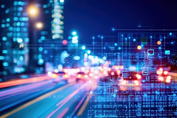 Obraz premium Nighttime cityscape with blurred light trails illustrating the ai powered smart city traffic management in action