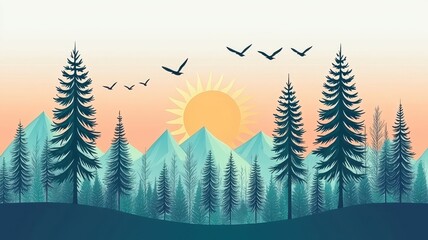 Fototapeta premium Serene Sunset Mountain Landscape Majestic Pine Trees Birds in Flight Peaceful Nature Scene