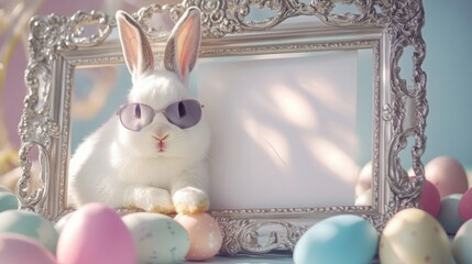 White fluffy bunny resting its paw on an ornate silver frame with a blank sheet surrounded by pastel Easter eggs. Created with generative AI.