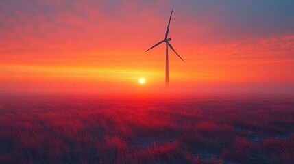 Obraz premium A large wind turbine stands alone at sunset in the field