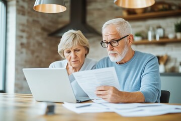 An elderly couple sits side by side at a kitchen table, focused on reviewing financial documents and using a laptop.