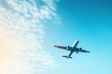 Airplane flying high in the clear blue sky representing the essence of airline travel and the joy of adventure
