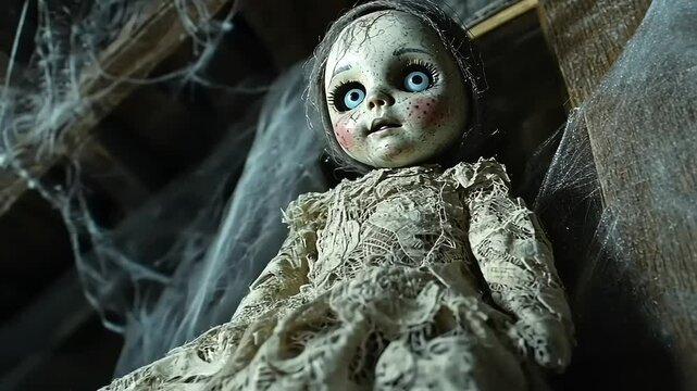 Creepy Porcelain Doll in Dusty Attic