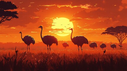 Ostriches Silhouetted Against a Vibrant Sunset in the African Savannah Landscape