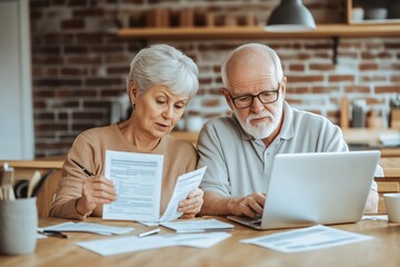 An elderly couple sits side by side at a kitchen table, focused on reviewing financial documents and using a laptop.