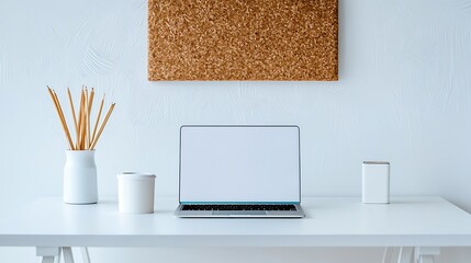Minimalist workspace featuring a laptop, pencils, and containers on a white desk against a white wall.  Corkboard above