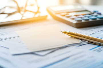 A close-up view of financial documents scattered across a surface, featuring a calculator, stacked coins, paper bills, and a blank card placed on top. 