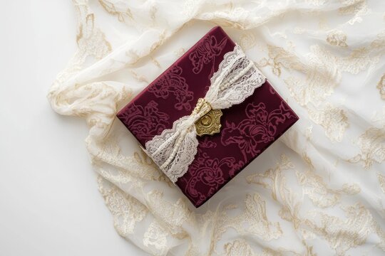 Burgundy gift box adorned with elegant lace and gold clasp, resting on delicate fabric.