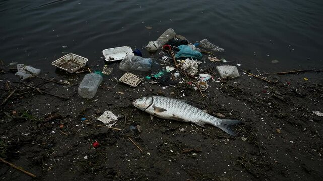 Dead fish lies among plastic waste and trash on a polluted shore, highlighting the environmental impact of water contamination
