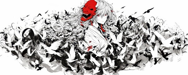 Anime Girl with Oni Mask Surrounded by Birds in Monochrome Art Style