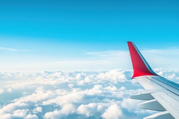 Plane wing delicately framed against the background of soft white clouds creating a serene aerial view