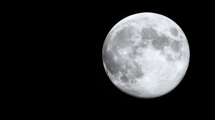 Full moon in dark night sky.  Detailed view of lunar surface with craters
